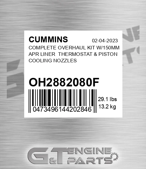 OH2882080F Complete Overhaul Kit W/150mm Apr Liner Thermostat & Piston Cooling Nozzles for CUMMINS
