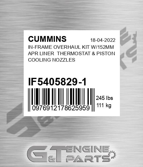 IF5405829-1 In-frame Overhaul Kit W/152mm Apr Liner Thermostat & Piston Cooling Nozzles for CUMMINS