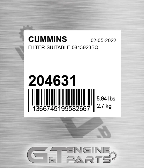 204631 Filter Suitable 0813923bq for CUMMINS