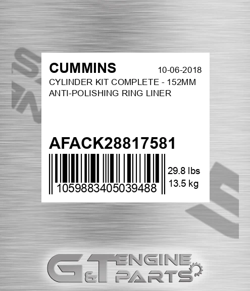 AFA-CK2881758-1 Cylinder Kit Complete - 152mm Anti-polishing Ring Liner for CUMMINS