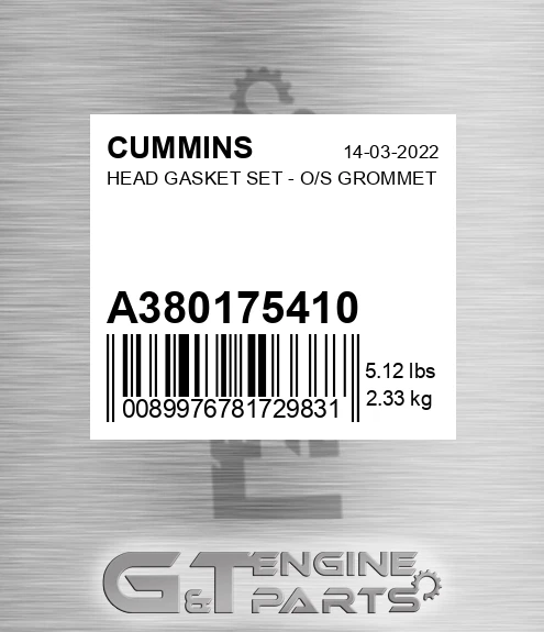 A3801754+10 Head Gasket Set - O/s Grommet for CUMMINS