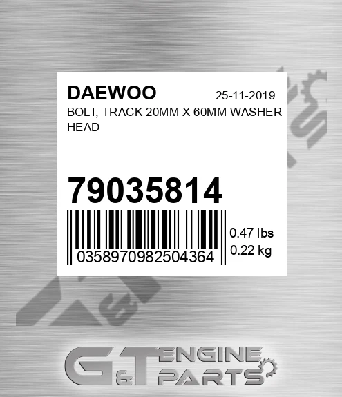 79035814 DAEWOO Bolt, Track 20mm X 60mm Washer Head