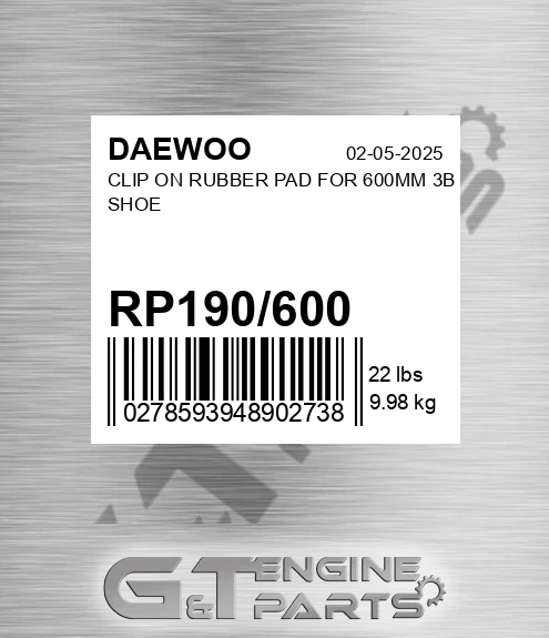 RP190/600 Clip On Rubber Pad For 600mm 3b Shoe