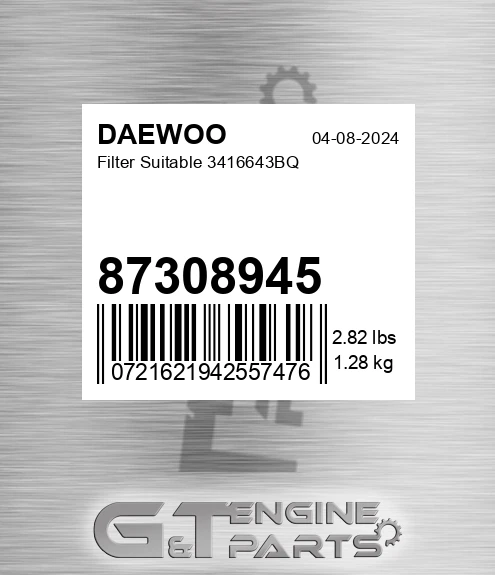 87308945 DAEWOO Filter Suitable 3416643bq