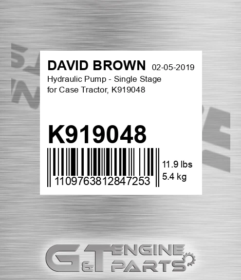 K919048 Hydraulic Pump - Single Stage For Case Tractor,