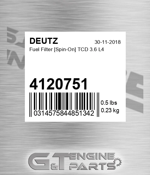 4120751 DEUTZ Fuel Filter [spin-on] Tcd 3.6 L4