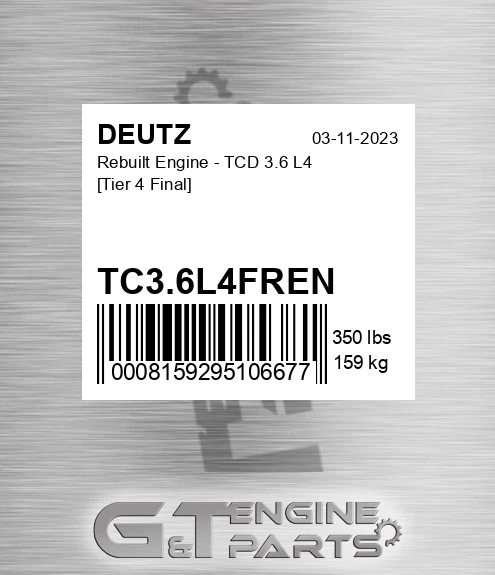 TC3.6L4FREN Rebuilt Engine - Tcd 3.6 L4 [tier 4 Final]