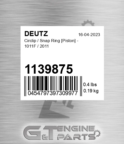 1139875 Circlip / Snap Ring [piston] - 1011f / 2011 for DEUTZ