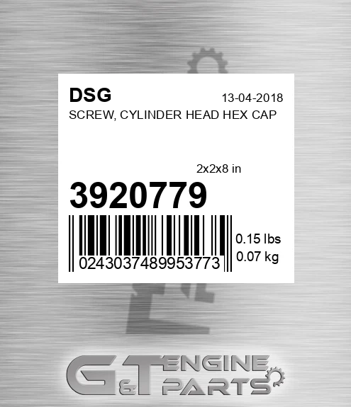 3920779 DSG Screw, Cylinder Head Hex Cap