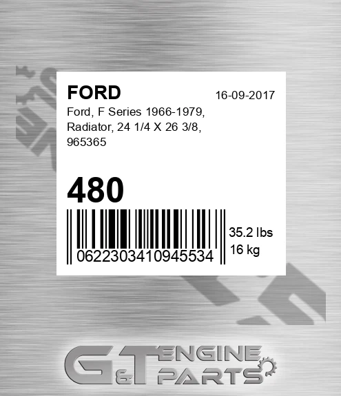 480 FORD Ford, F Series 1966-1979, Radiator, 24 1/4 X 26 3/8, 965365