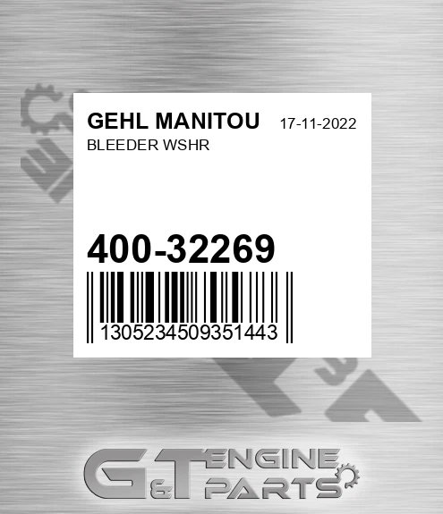 400-32269 Bleeder Wshr for GEHL MANITOU