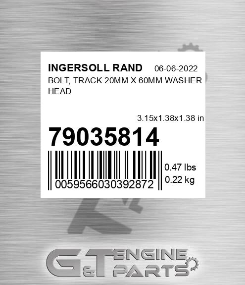 79035814 INGERSOLL RAND Bolt, Track 20mm X 60mm Washer Head