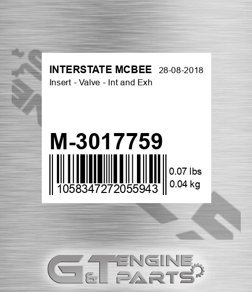 M-3017759 Insert - Valve - Int And Exh