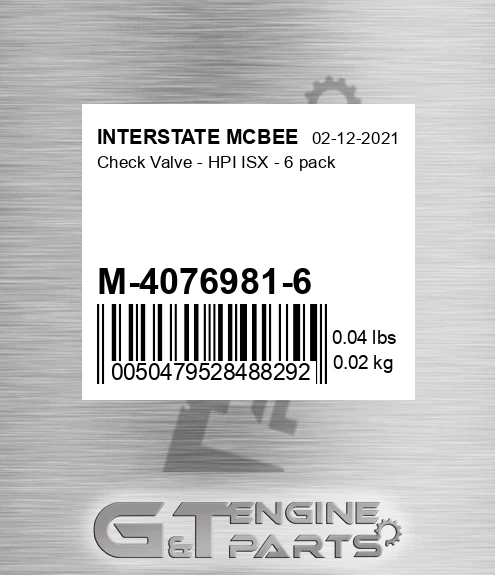 M-4076981-6 Check Valve - Hpi Isx - 6 Pack