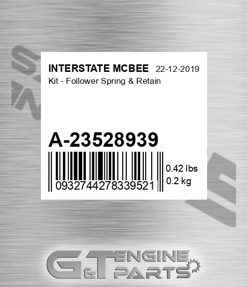 A-23528939 Kit - Follower Spring & Retain for INTERSTATE MCBEE