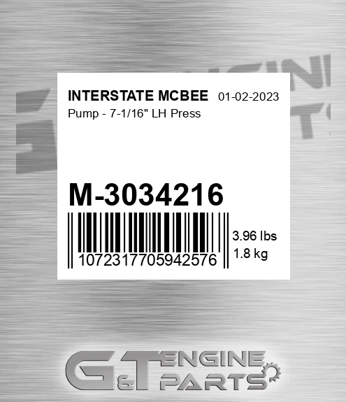 M-3034216 Pump - 7-1/16" Lh Press for INTERSTATE MCBEE