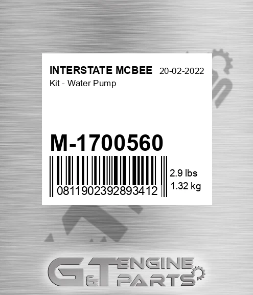 M-1700560 Kit - Water Pump for INTERSTATE MCBEE