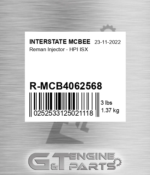 R-MCB4062568 Reman Injector - Hpi Isx