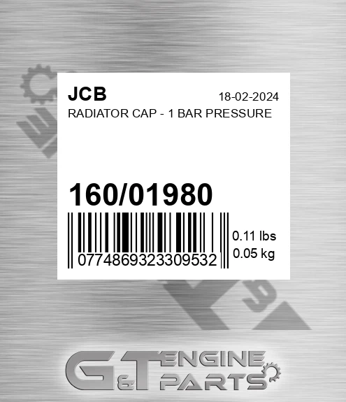160/01980 JCB Radiator Cap - 1 Bar Pressure