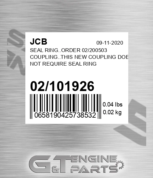 02/101926 Seal Ring..order 02/200503 Coupling..this New Coupling Does Not Require Seal Ring