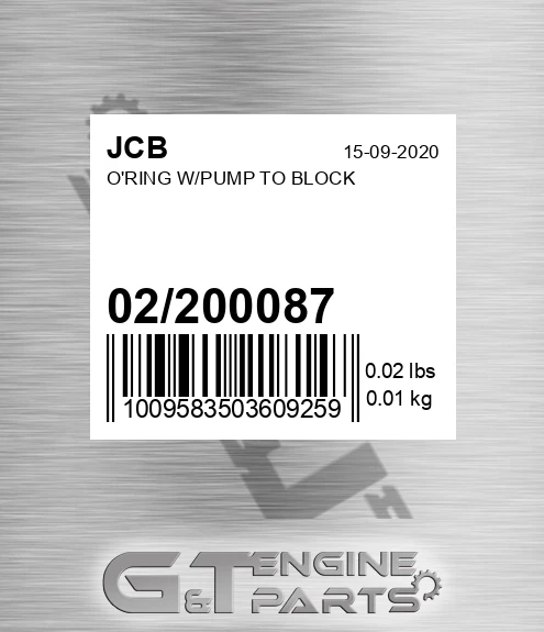 02/200087 O'ring W/pump To Block