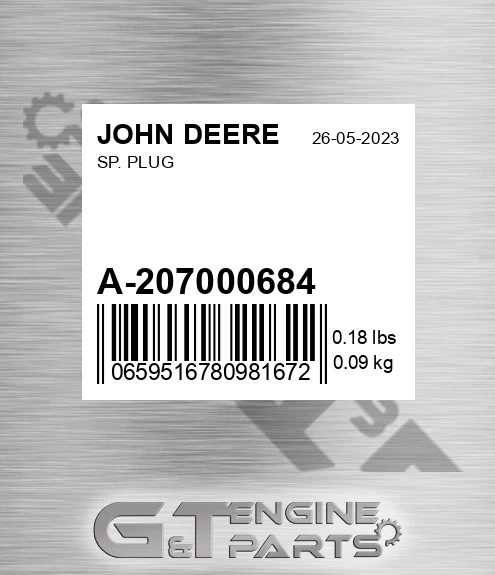 A-207000684 Sp. Plug for JOHN DEERE