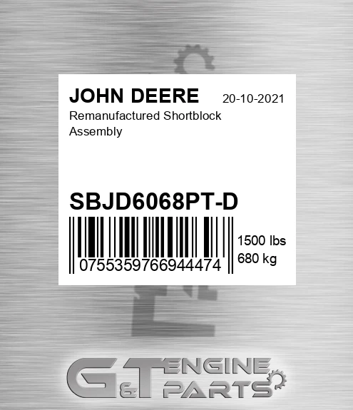 SBJD6068PT-D Remanufactured Shortblock Assembly for JOHN DEERE