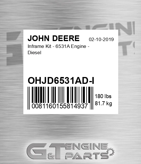 OHJD6531AD-I Inframe Kit - 6531a Engine - Diesel for JOHN DEERE