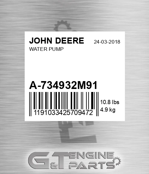 A-734932M91 Water Pump for JOHN DEERE