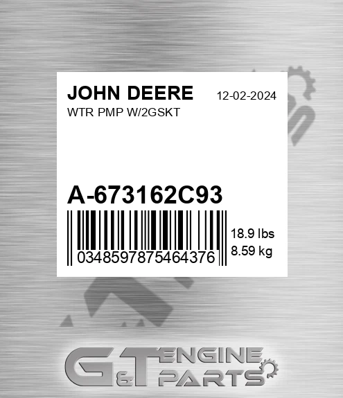 A-673162C93 Wtr Pmp W/2gskt for JOHN DEERE