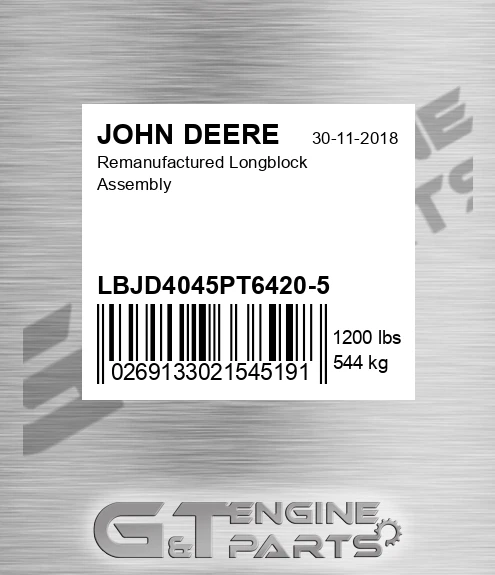 LBJD4045PT6420-5 Remanufactured Longblock Assembly for JOHN DEERE
