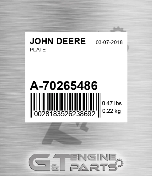 A-70265486 Plate for JOHN DEERE