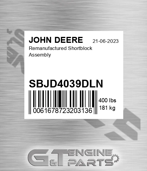 SBJD4039DLN Remanufactured Shortblock Assembly for JOHN DEERE