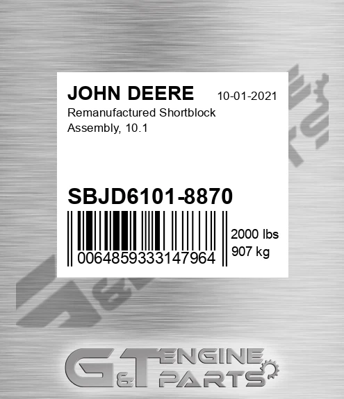 SBJD6101-8870 Remanufactured Shortblock Assembly, 10.1 for JOHN DEERE