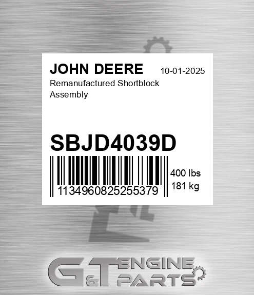 SBJD4039D Remanufactured Shortblock Assembly for JOHN DEERE