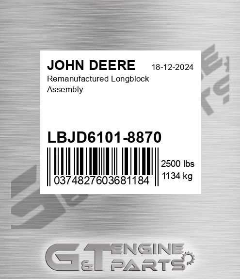 LBJD6101-8870 Remanufactured Longblock Assembly for JOHN DEERE