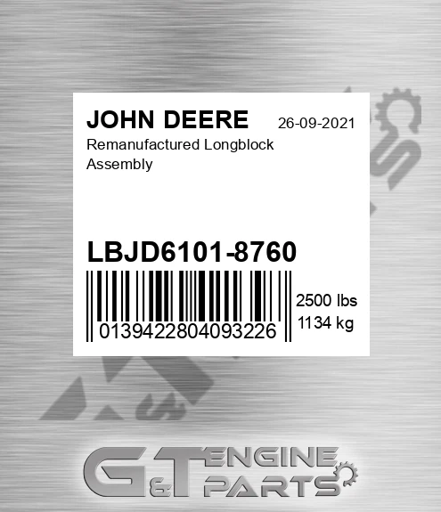 LBJD6101-8760 Remanufactured Longblock Assembly for JOHN DEERE