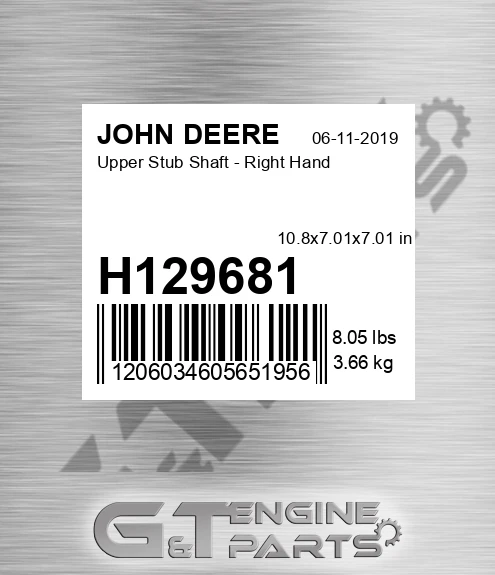 H129681 Upper Stub Shaft - Right Hand for JOHN DEERE