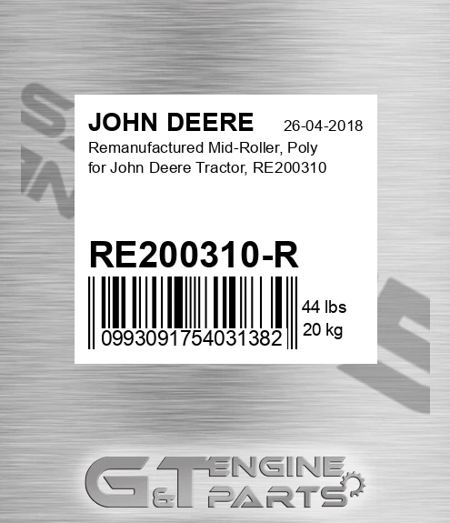 RE200310-R Remanufactured Mid-roller, Poly For Tractor, Re200310 for JOHN DEERE