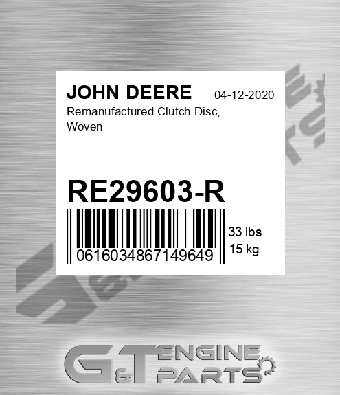RE29603-R Remanufactured Clutch Disc, Woven for JOHN DEERE