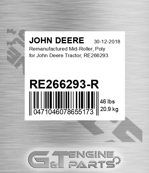 RE266293-R Remanufactured Mid-roller, Poly For Tractor, Re266293 for JOHN DEERE