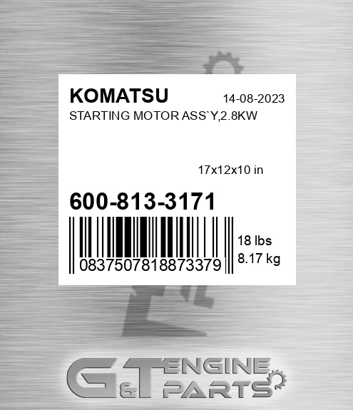 600-813-3171 Starting Motor Ass`y,2.8kw for KOMATSU