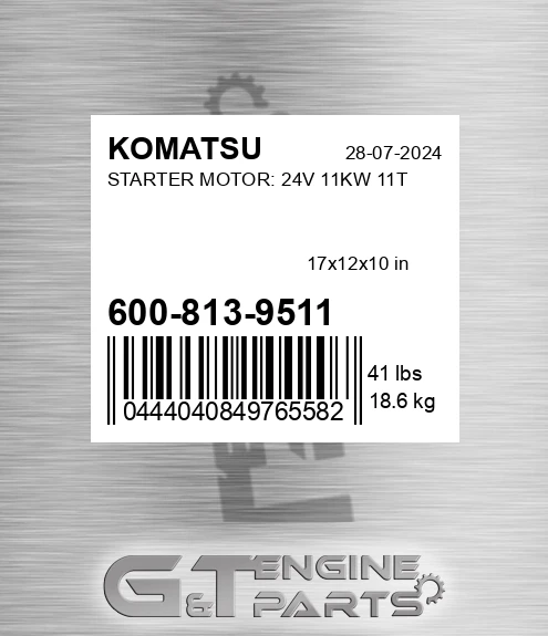 600-813-9511 Starter Motor: 24v 11kw 11t for KOMATSU