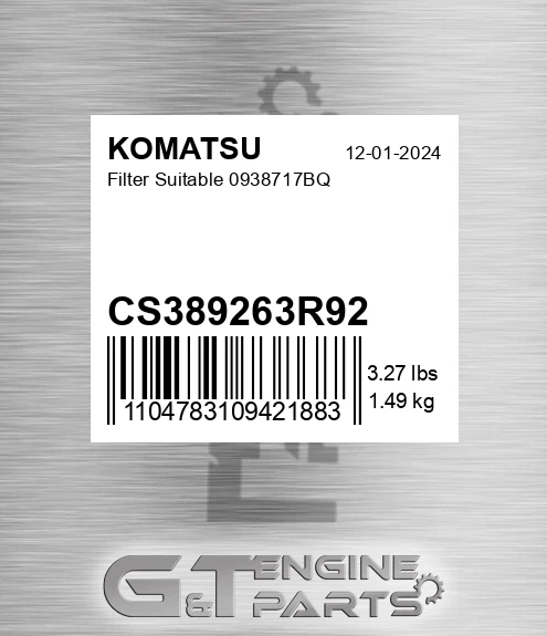 CS389263R92 KOMATSU Filter Suitable 0938717bq
