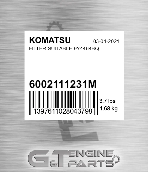 600-211-1231M Filter Suitable 9y4464bq for KOMATSU