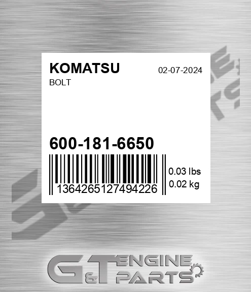 600-181-6650 Bolt for KOMATSU