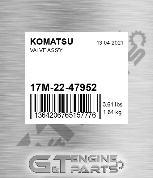 17M-22-47952 Valve Ass'y for KOMATSU