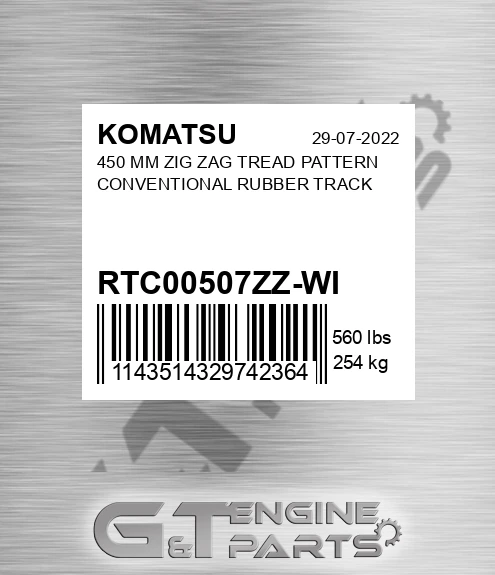RTC00507ZZ-WI 450 Mm Zig Zag Tread Pattern Conventional Rubber Track