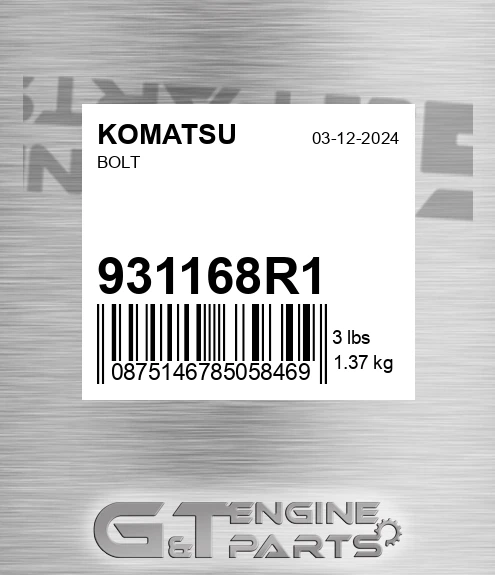 931168R1 Bolt for KOMATSU