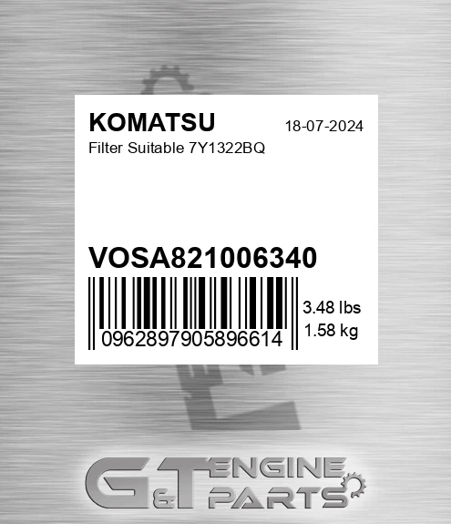 VOSA821006340 Filter Suitable 7y1322bq for KOMATSU